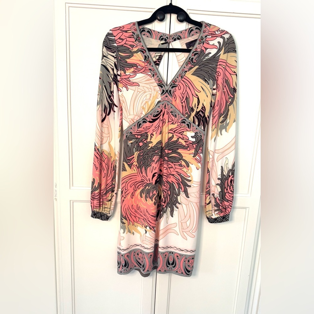 Hale Bob Beaded Cut-out Long Sleeve Mini Dress in Salmon Pink. Lined.